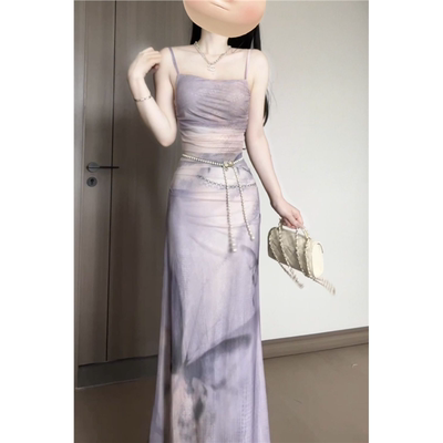 超仙紫色蝴蝶印花吊带连衣裙女夏季性感修身包臀鱼尾裙碎花长裙