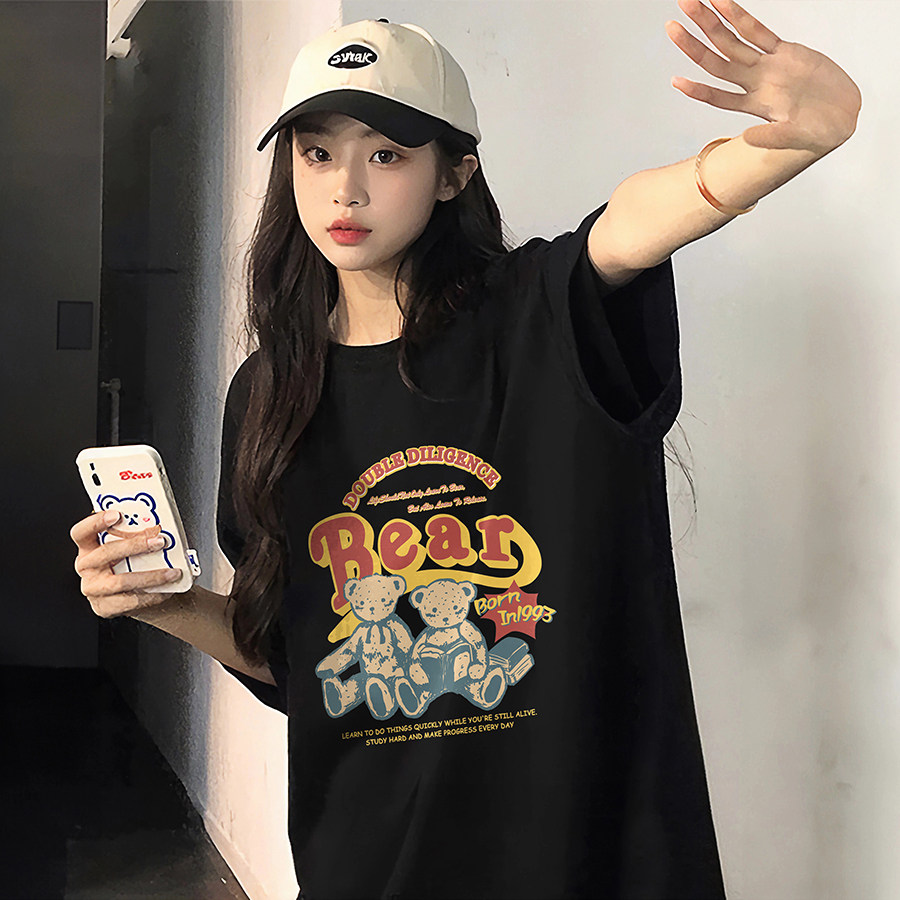 美式复古小熊T恤女夏季黑色透气印花短袖bf风休闲宽松甜酷上衣