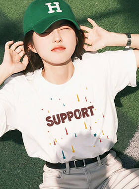美式校园风白色T恤女夏季SUPPORT字母印花短袖复古宽松休闲上衣