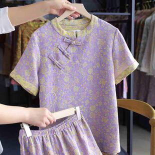 短裤 短袖 小花布宽松家居服两件套 夏款 纯棉纱布盘扣睡衣复古女