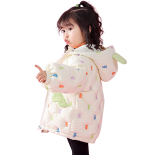 女童满印小熊短款羽绒服冬季2026新款儿童洋气女宝宝加厚外套冬装