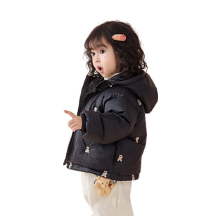 女童小熊绣花短款羽绒服冬装2026新款儿童洋气加厚女宝宝连帽外套