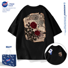 NASA联名潮牌黑色短袖t恤男夏季新款玫瑰潮牌宽松纯棉青少年体恤