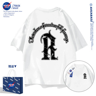 夏季 宽松大码 潮牌短袖 NASA联名白色纯棉t恤男2023新款 休闲上衣服