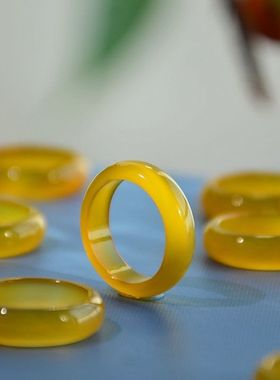 天然帝王黄玉髓指环戒指黄玛瑙小众玉石跑环男女