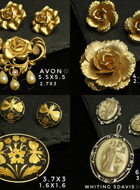 vintage西洋古董首饰WHITING SDAVIS浮雕卡梅奥鎏金玫瑰套装