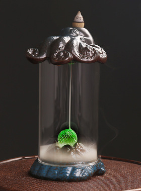 跨境 陶瓷防风罩倒流香薰炉家居摆件 原创章鱼贝壳LED灯倒流香炉