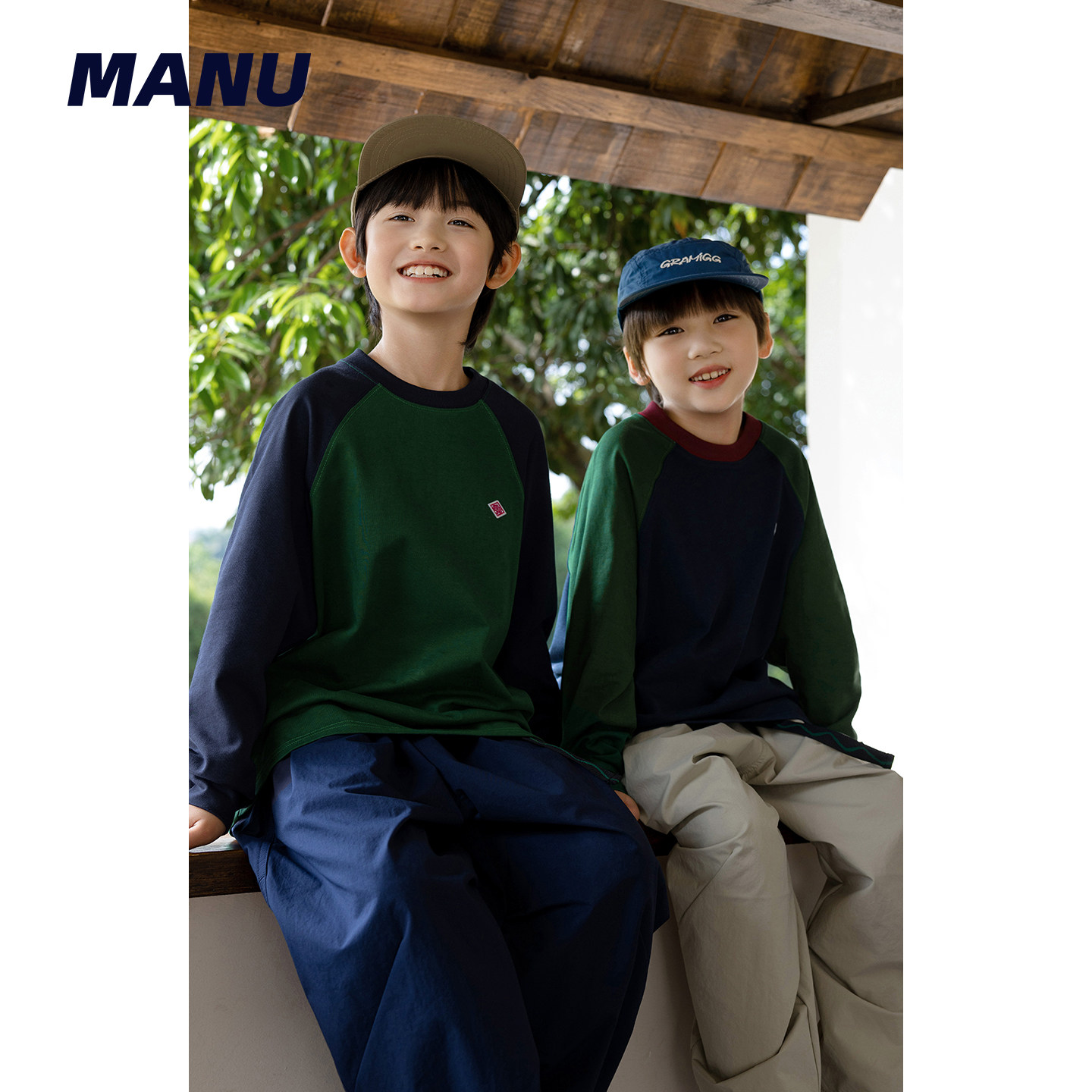 MANUKIDS童装男童26春季撞色拼接插肩纯棉宽松日系中大童长袖T恤