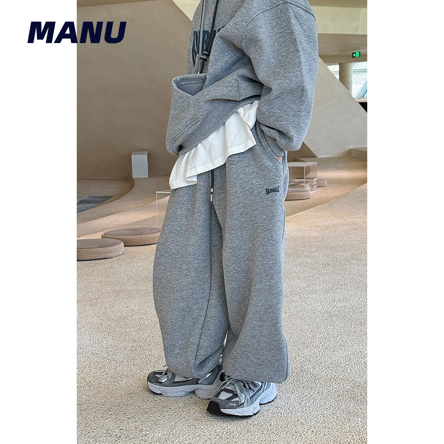 加绒 MANUKIDS童装男童26冬季美式复古宽松卫裤中大童休闲运动裤