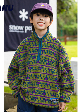 MANUKIDS童装男童25秋冬季摇粒绒套头外套加绒宽松保暖中大童卫衣