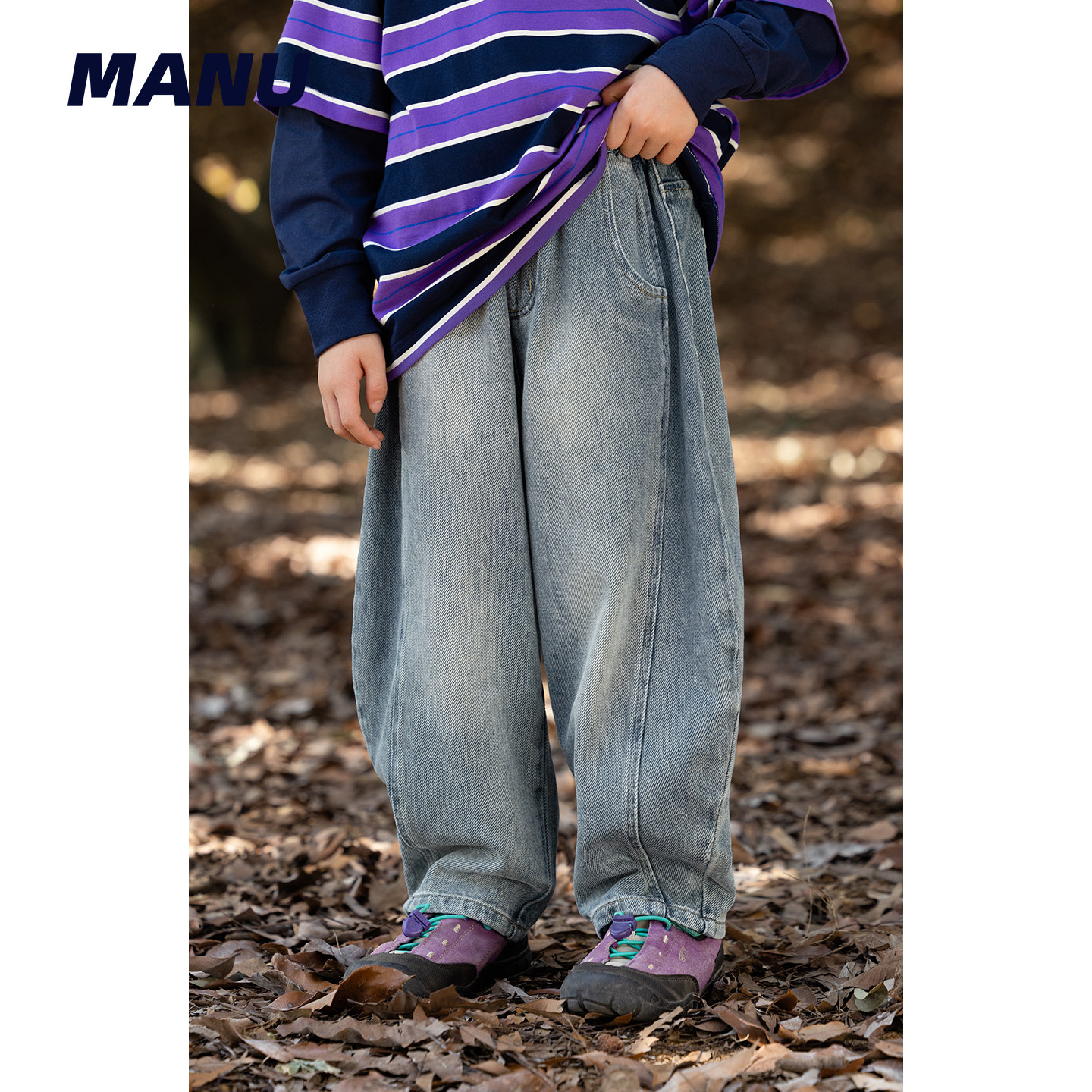 MANUKIDS童装男童25秋季复古做旧立体直筒阔腿弯刀裤中大童牛仔裤