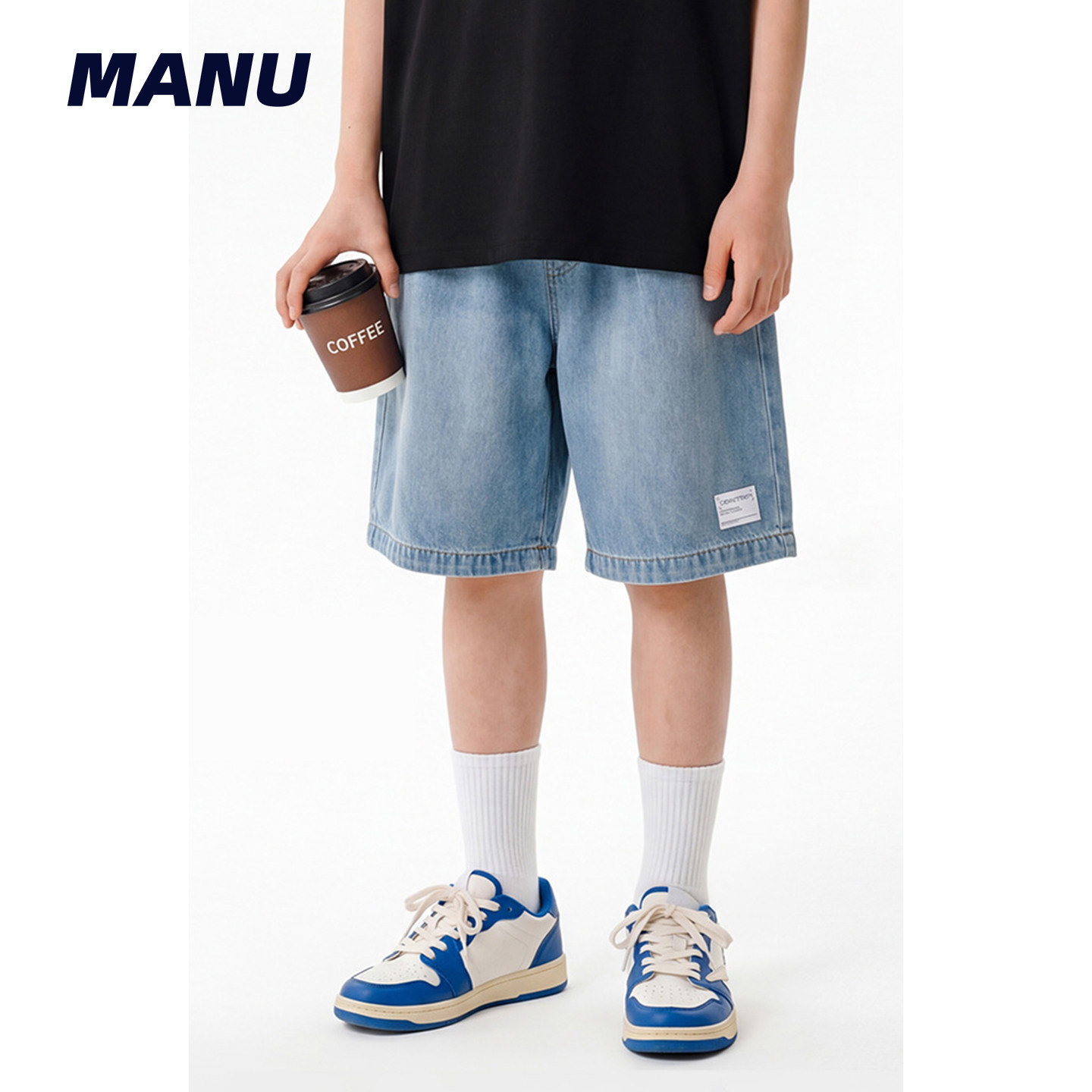 MANUKIDS童装男童26夏季复古水洗贴标宽松五分裤中大童牛仔短裤