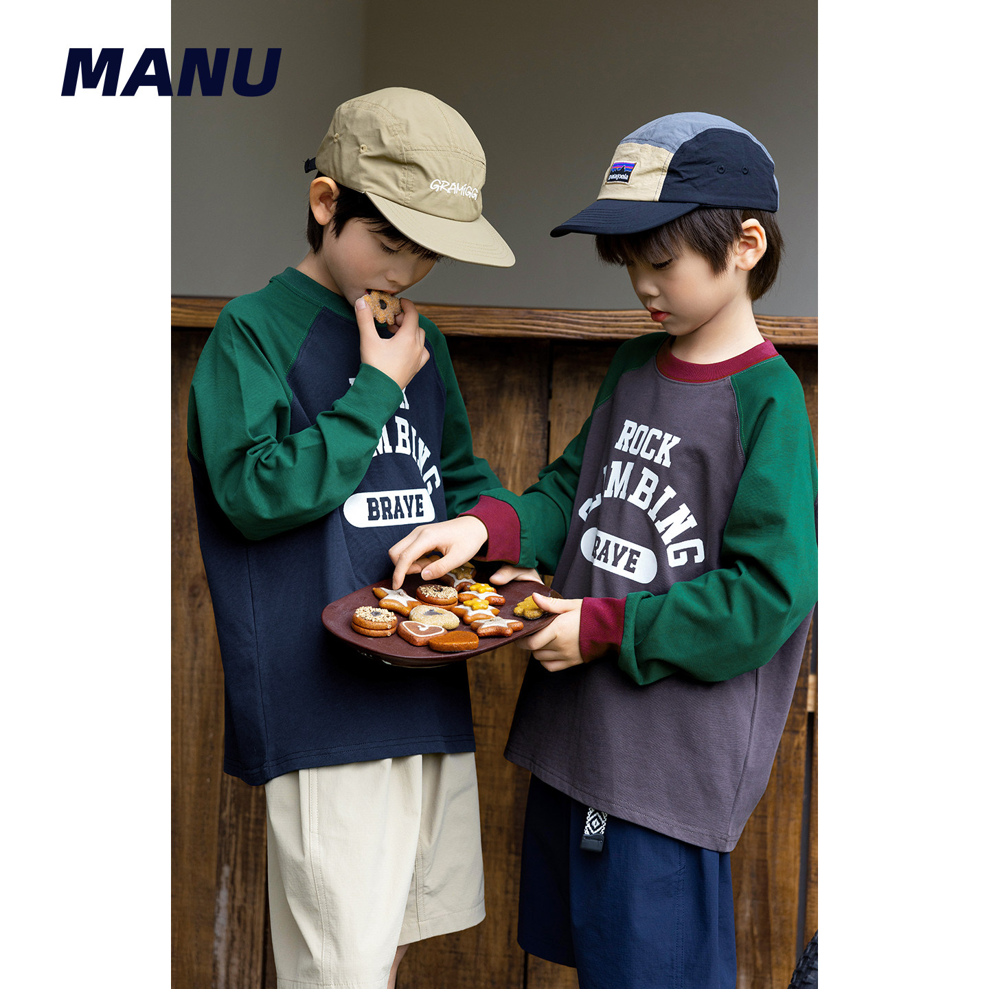 MANUKIDS童装男童26春季美式复古撞色插肩日系纯棉中大童长袖T恤