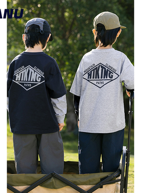 MANUKIDS童装男童25春季字母印花假两件宽松日系中大童长袖T恤