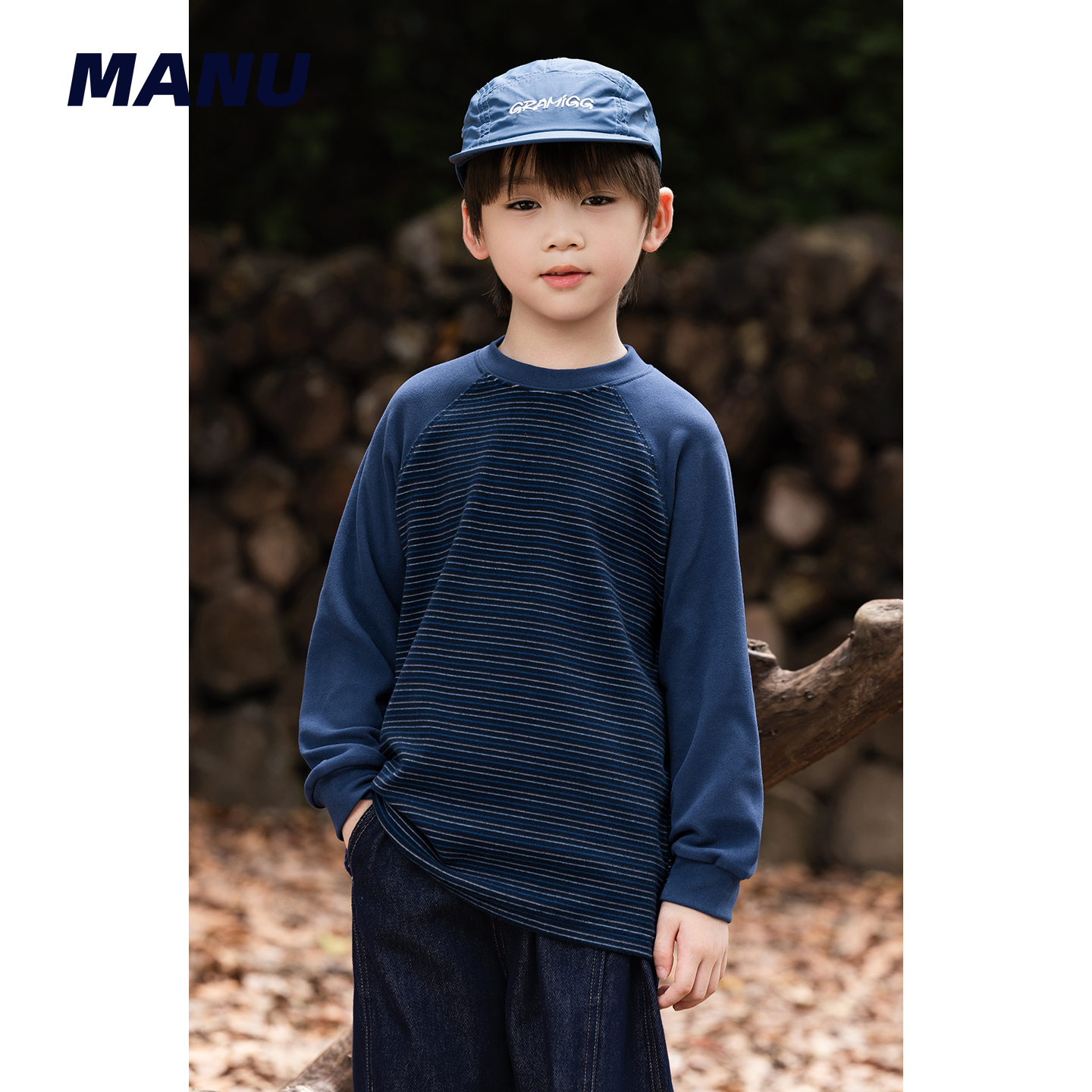 加绒保暖撞色条纹中大童长袖T恤