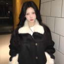 毛毛翻领加厚外套 女秋冬新款 韩系御姐黑色修身 皮毛一体夹克短款