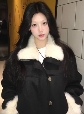 韩系御姐黑色修身皮毛一体夹克短款女秋冬新款毛毛翻领加厚外套