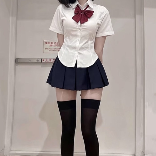 收腰正肩短袖jk衬衣百褶裙套装