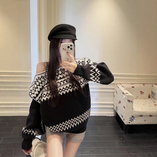 冬日费尔岛撞色提花针织衫斜肩毛衣女老钱高级感款式保暖打底上衣