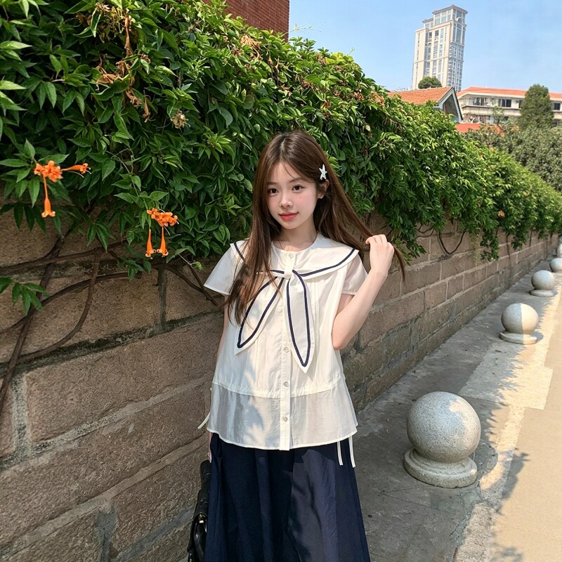 韩系甜美风兔耳朵蝴蝶结系带海军领T恤女夏季设计感收腰百搭衬衫