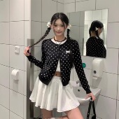 复古波点圆领假两件针织开衫 显瘦上衣女秋季 高级感慵懒风毛衣外套