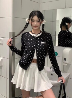 复古波点圆领假两件针织开衫显瘦上衣女秋季高级感慵懒风毛衣外套