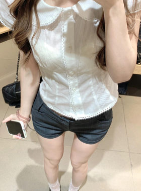 法式白色娃娃领衬衫女夏季2025新款设计感收腰修身短款短袖上衣