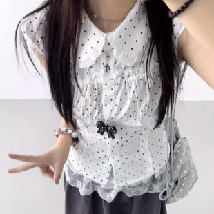 百搭收腰娃娃领小衫 韩系温柔白色波点拼蕾丝小飞袖 女夏季 衬衫 短袖