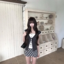 韩系波点蕾丝拼接系带短袖假两件衬衫女夏设计感修身显瘦小衫上衣
