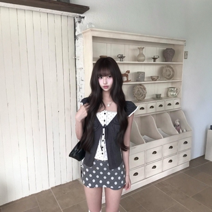韩系波点蕾丝拼接系带短袖假两件衬衫女夏设计感修身显瘦小衫上衣