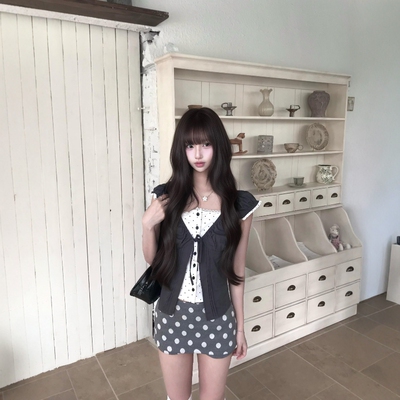 韩系波点蕾丝拼接系带短袖假两件衬衫女夏设计感修身显瘦小衫上衣