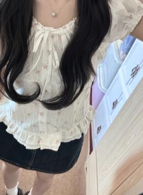 韩系甜美白色碎花圆领蝴蝶结短袖衬衫2025新款泡泡袖系带显瘦上衣