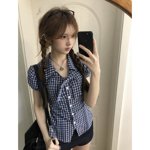 韩系复古格纹蝴蝶结短袖衬衫
