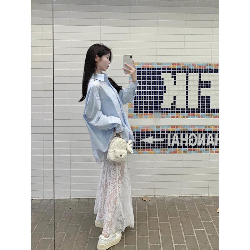 韩系蕾丝拼接蓝色长袖衬衫女2026春夏新款慵懒风宽松防晒上衣外套