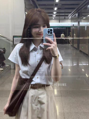 蓝色条纹短袖衬衫港风复古衬衣女