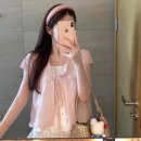 韩系甜美俏皮假两件粉色衬衫 小个子 肌理花边领系带上衣女夏季 新款
