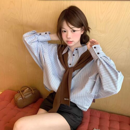 韩系条纹复古披肩衬衫女长袖上衣