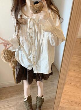 法式复古甜美花边领长袖衬衫女2025春季新款设计感宽松小个子上衣