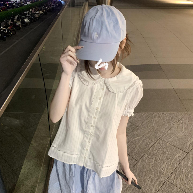 法式白色娃娃领衬衫正肩短袖上衣