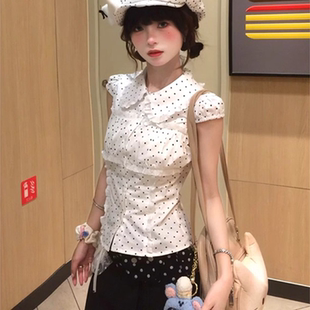 衬衣修身 韩系娃娃领波点短袖 蕾丝小飞袖 衬衫 显瘦学院风上衣 女夏季