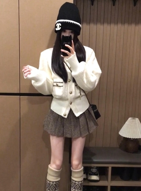 韩系小香风白色短款羊毛感外套女冬款加厚收腰夹克小个子开衫上衣