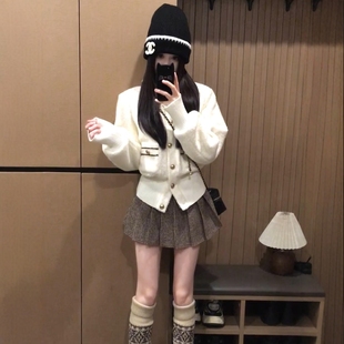 上衣 加厚收腰夹克小个子开衫 韩系小香风白色短款 羊毛感外套女冬款