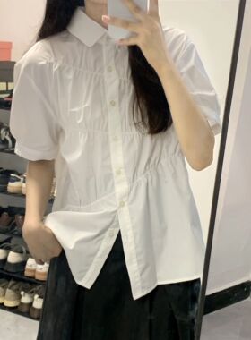 白色短袖衬衫女韩版高级感褶皱衬衣学院风甜美宽松百搭纯色上衣夏