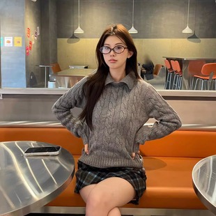 翻领假两件立领两穿绞花毛衣针织衫女冬季新款韩系学院风内搭上衣