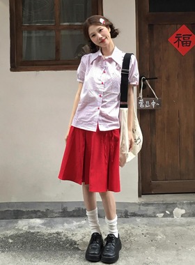 学院风条纹蝴蝶结泡泡袖衬衫女夏2025新款甜美设计感显瘦短袖上衣