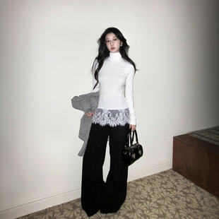 内搭显瘦百搭打底衫 设计感修身 T恤女秋冬款 韩系白色蕾丝花边长袖