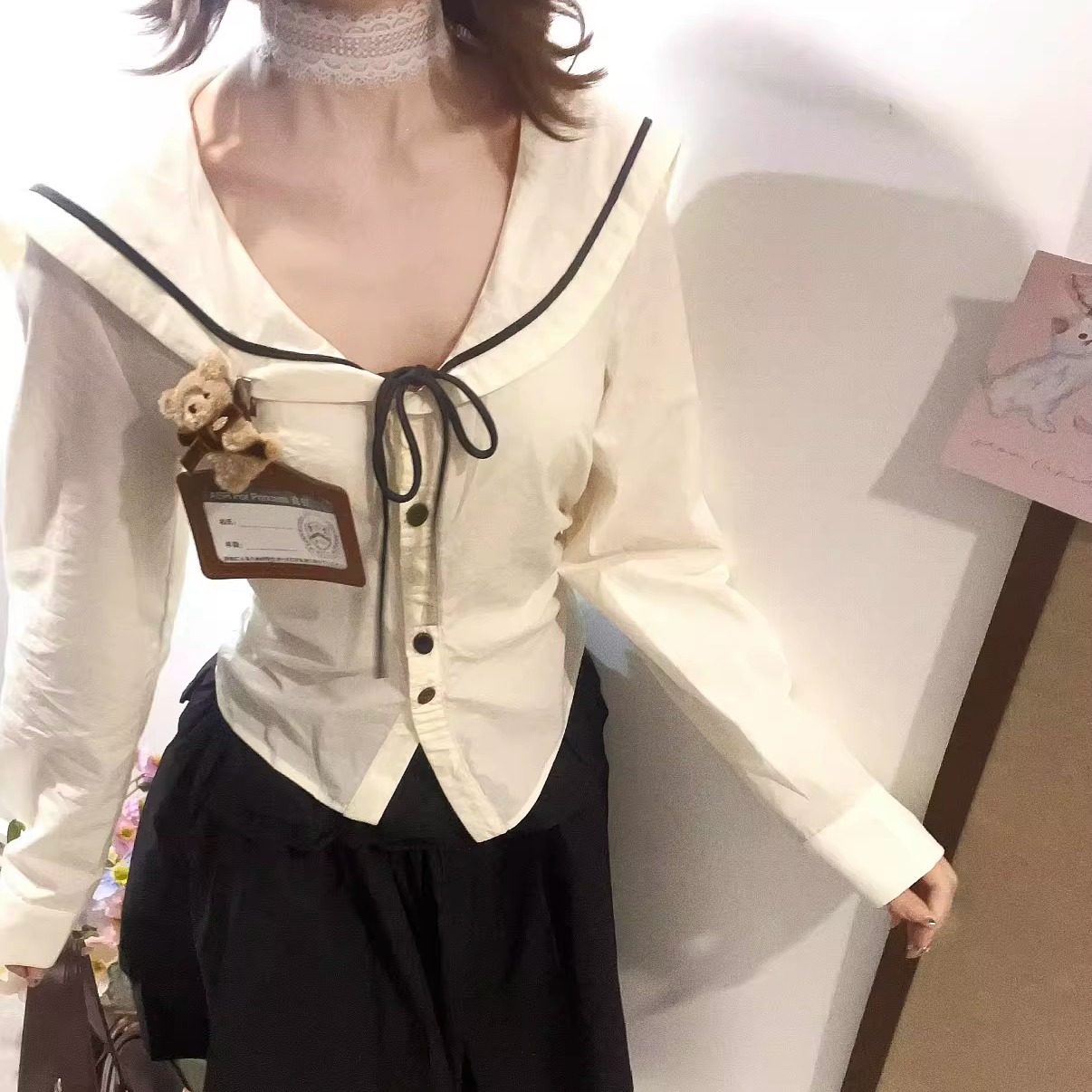 韩系学院风海军领不规则下摆长袖打底衬衫女早春新款修身显瘦上衣