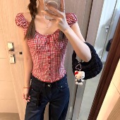 短袖 衬衫 一字肩两穿女夏季 韩系复古红白格纹修身 新款 百搭露肩上衣