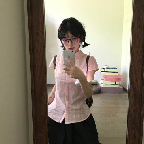 甜美少女感百搭条纹收腰衬衫上衣