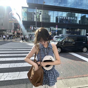 韩系巨好看格子无袖衬衫女夏新款酷辣chic抽绳两穿连衣裙百搭上衣